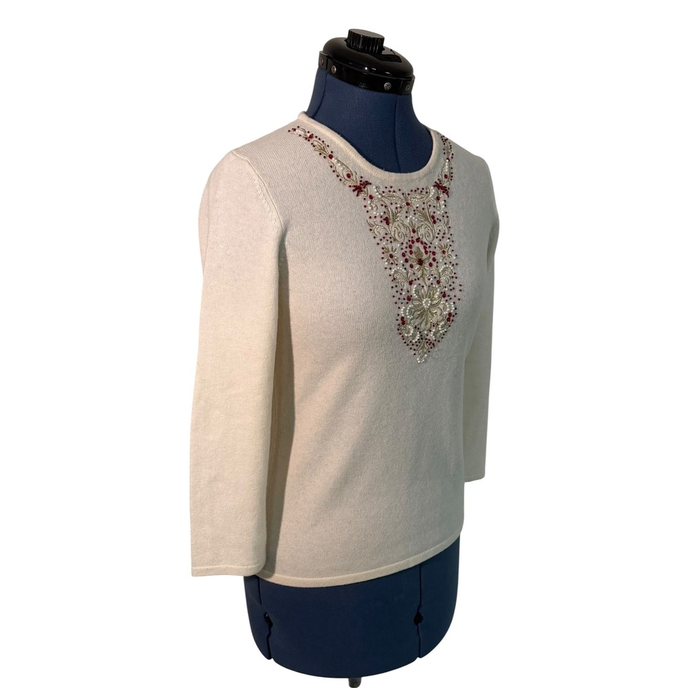 Vtg Daniel Bishop Cream Cashmere Sweater Red Beaded Embroidered Holiday Glam S - Picture 2 of 12
